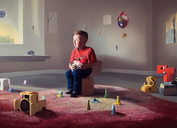 lonely toddler elon musk sitting on a shaggy rug playing with his little rockets, bedroom, realistic painting, beautiful soft lighting, istvan sandorfi 