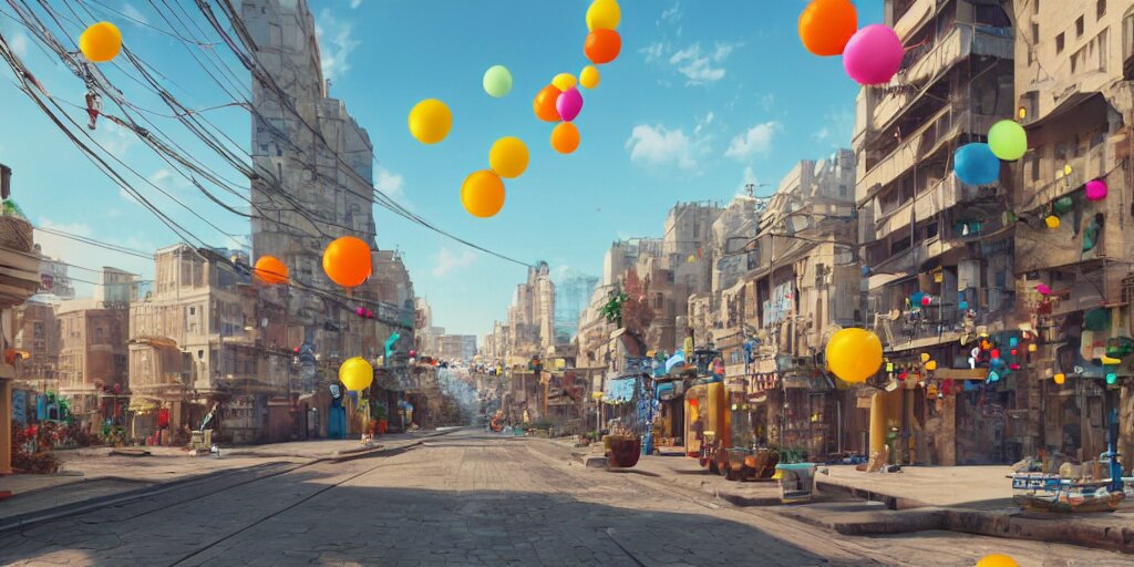 a city street where everything is made from tiny inflatable balloons, hyper real, trending on Art Station, Octane render