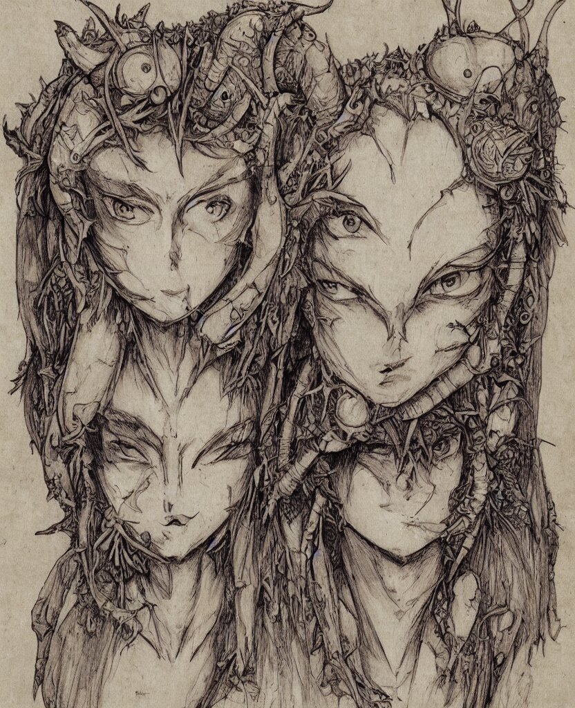 fantasy, symmetrical beautiful human face, front view, female humanoid creature, plant armour, wide intricate horned insect head piece covering forehead, button nose, full lips, muscular, large cute anime eyes, stylised, torso and head, bust, diagram, greys anatomy book, on old distressed parchment paper, watercolour, by brian froud and boichi 