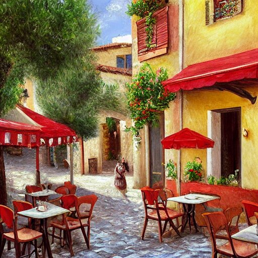 a traditional pizzeria in the street of a small village on the riviera. a terrace in the shade of a hundred - year - old olive tree, a friendly atmosphere around pizzas and rose wine. dolce vita. unreal engine rendering, hyper realist, ultra detailed, oil painting, warm colors, happy, impressionism, da vinci, 