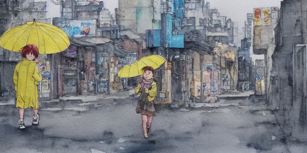 deserted dusty junk town, a girl with a parka and a yellow parasol is running, broken vending machines, scene from the movie Ghost in the shell, watercolor watercolor