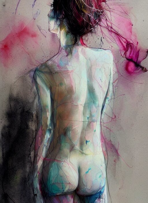 gorgeous woman in short by agnes cecile, view from back, bent - over posture, half body portrait, extremely luminous bright design, pastel colours, ink drips, autumn lights 