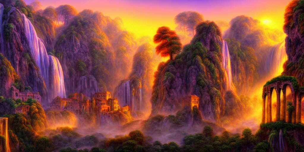 misty village in a waterfall valley at sunrise, ancient ruins, fantasy, precise and incredibly highly detailed intricate 8 k wallpaper, lisa frank dali hr giger, long shot, crisp vibrant colorful and intricate stunning award winning masterpiece trending on artstation beautiful 