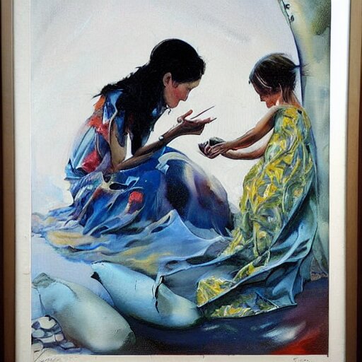 by john larriva, by aaron horkey emotive. a beautiful painting harmony of colors, simple but powerful composition. a scene of peaceful domesticity, with a mother & child in the center, surrounded by a few simple objects. colors are muted & calming, serenity & calm. 