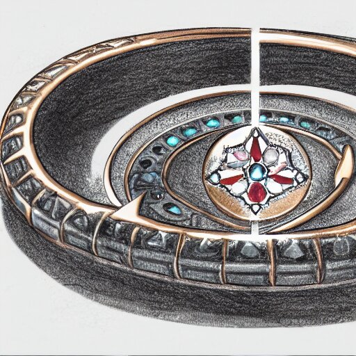 sketch of four points of view of a complex ring with a complex cameo ornament of a panther, technical sketch, rose gold, gems, high coloration, ambient lightning, highly detailed, 8 k 