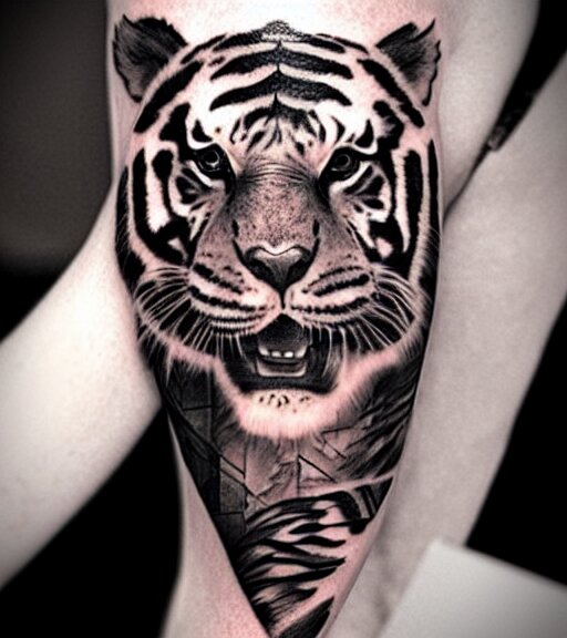 tattoo design of a beautiful girl warrior under a tiger head, hyper realistic, realism tattoo, by eliot kohek, beautiful eyes, realistic face, black and white, white background 