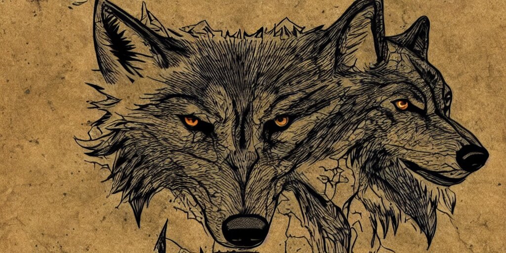 face of a wolf in the style of a medieval fantasy map, mountains, forests.  Skyrim, Lord of the Rings map, Zelda Breath of the Wild map, drawing on parchment