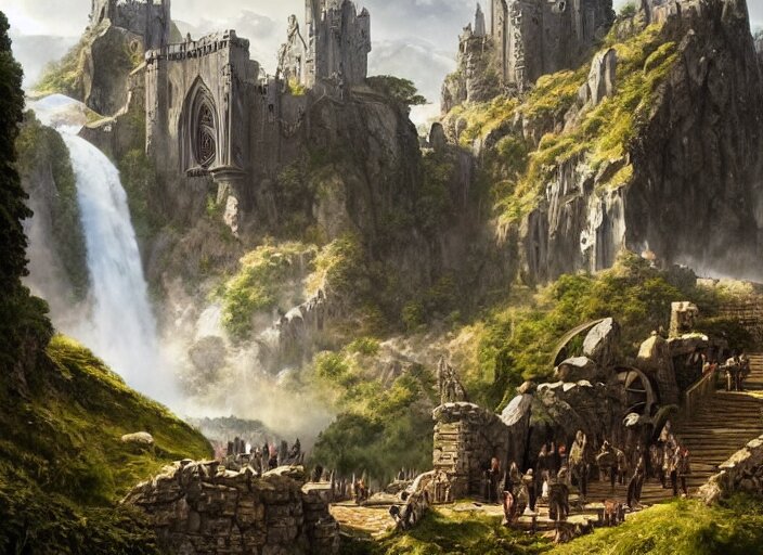 medieval adventurers in the shire scenery landscape, lord of the rings, enormous waterfall ruins, rule of thirds, highly detailed, perfect lighting, perfect composition, 4 k, artgerm, derek zabrocki, greg rutkowski 