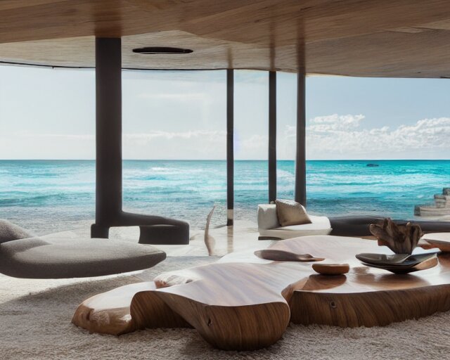 A modern living room inspired by the ocean, a luxurious wooden coffee table with large seashells on top in the center, amazing detail, 8k resolution, calm, relaxed style, harmony, wide angle shot