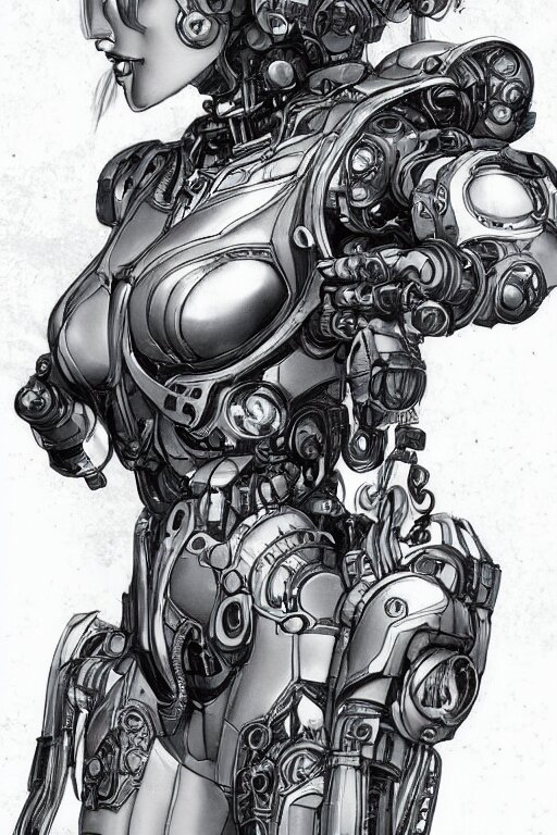 full body illustration female cyborg, highly detailed, sumi - e art, suiboku - ga ink, by kim jisu, pen and ink monochrome, mecha, deviantart, artstation, pinterest 