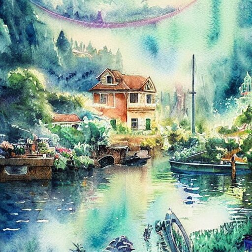 Beautiful happy picturesque charming sci-fi town in harmony with nature. Beautiful light. Water and plants. Nice colour scheme, soft warm colour. Beautiful detailed artistic watercolor by Lurid. (2022)