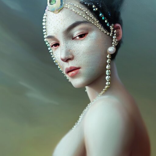 a beautiful portrait of a pearl goddess with glittering skin by greg rutkowski and raymond swanland, trending on artstation, ultra realistic digital art 