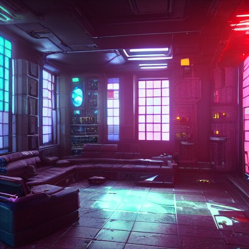 A photograph of interior of cyberpunk mansion set in a cyberpunk utopia. Highly detailed, 8k wallpaper, HDR, concept art, unreal engine 5, 4k, 8k, ray tracing, bloom, lens flare