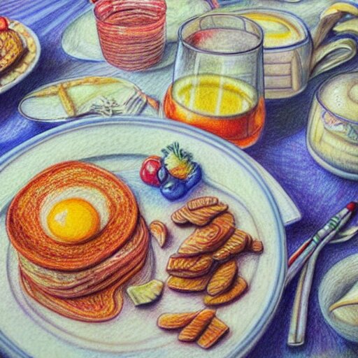  Colored pencil art on paper, Five star morning breakfast, highly detailed, artstation, MasterPiece, Award-Winning, Caran d'Ache Luminance