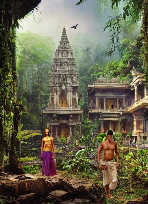 8 k concept art from a hindu temple lost in the jungle by david mattingly and samuel araya and michael whelan and dave mckean and richard corben. realistic matte painting with photorealistic hdr volumetric lighting. composition and layout inspired by gregory crewdson. 