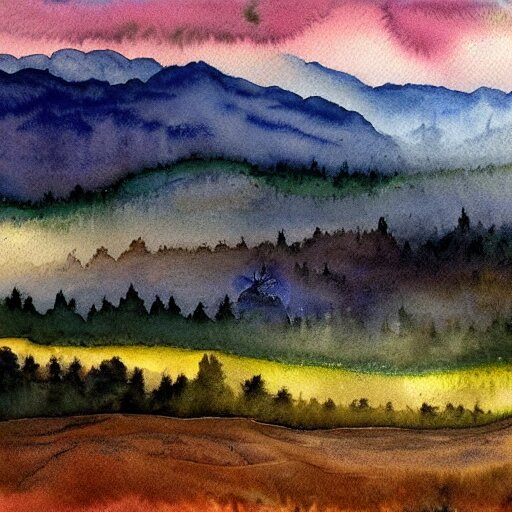 a beautiful watercolor painting of an epic appalachian wilderness at dawn by georgia o'keeffe, wide angle shot, godrays, mystical, deep shadows, epic scale 