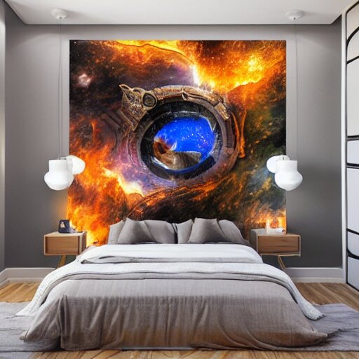 a cozy bedroom interior with wall murals of incredible fantasy space art, detailed, high resolution, wow!, intricate, volumetric lighting, raytracing 