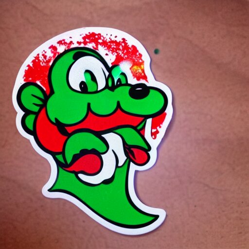 die cut sticker, yoshi wearing mario's mustache, splatter paint 