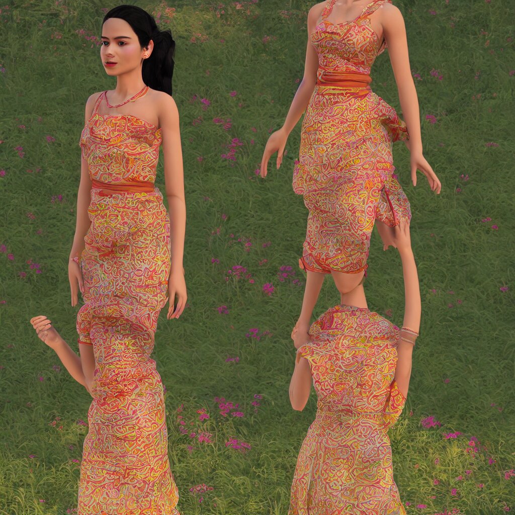 beautiful summer assamese mekehela bihu style floral gamosa dress ; flirtatious, boho - chic, sleeveless, elegant, short skirt length, slimmer demeanor, plethora of colors ; mini dress, highly detailed cute face by wlop ; octane render, unreal engine 5, trending on artstation, 8 k, symmetrical, cinematic, high coherence, hdr fabric textures 