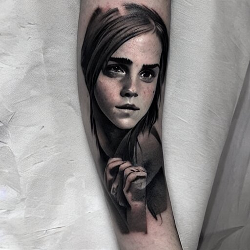 man with tattoo of emma watson on arm back by greg rutkowski