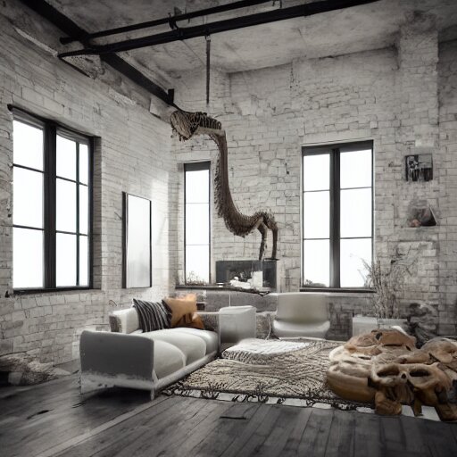 a beautifully decorated loft, interior design, mammoth skeleton in a corner, vray render, 8 k, artstation 