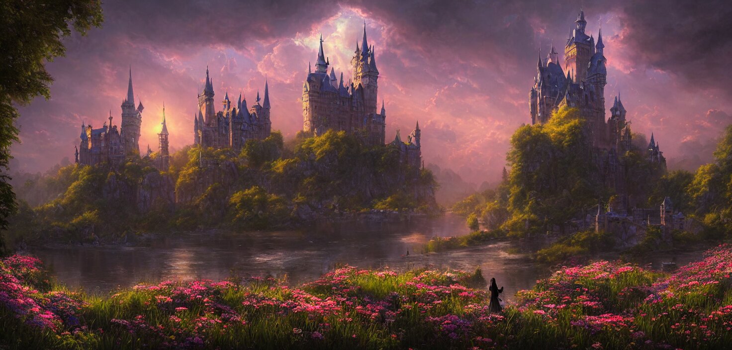 fabulous gothic castle surrounded by flowers, a castle by the river in the evening twilight, cinematic view, epic sky, detailed, concept art, low angle, high detail, warm lighting, volumetric, godrays, vivid, beautiful, trending on artstation, by jordan grimmer, huge scene, grass, art greg rutkowski 