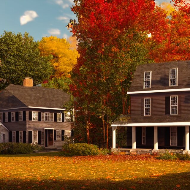 realistic wooden colonial new england house, maple tree in yard, large chimney, lights on inside, fall foliage, vermont mountain background, light cinematic, volumetric, realistic, cinematic lighting, ray tracing, unreal engine 5, octane render, hyper realistic, 8 k 