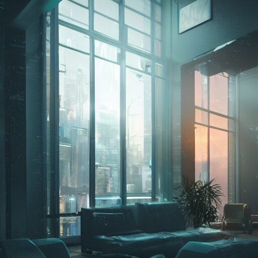 cyberpunk apartment, futuristic, apartment, night, rain, volumetric light, ray traced, photography, behance 