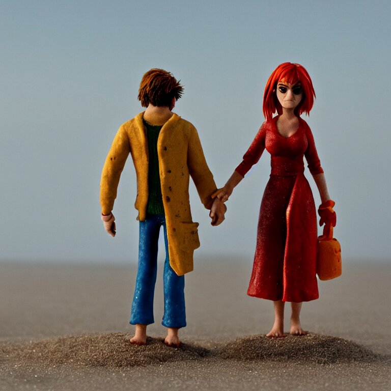 a cinematic film still of a claymation stop motion film eternal sunshine of the spotless mind joel and clementine on the beach, shallow depth of field, 8 0 mm, f 1. 8 