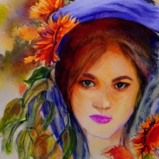 molly sanden, watercolor, in the style of claude monet, beautiful face, sunflowers, fall leaves red and orange, award winning, hd, 4 k, purple, blue 