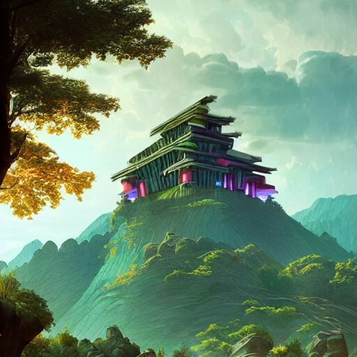 futuristic temple carved into a mountain side, big green trees, colorful clouds, dramatic lighting, artstation, matte painting, raphael lacoste, simon stalenhag, frank lloyd wright 