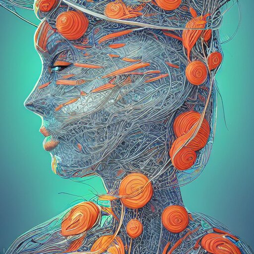 a beautiful woman made up of carrots, an ultrafine detailed illustration by james jean, intricate linework, bright colors, final fantasy, behance contest winner, vanitas, angular, altermodern, unreal engine 5 highly rendered, global illumination, radiant light, detailed and intricate environment 