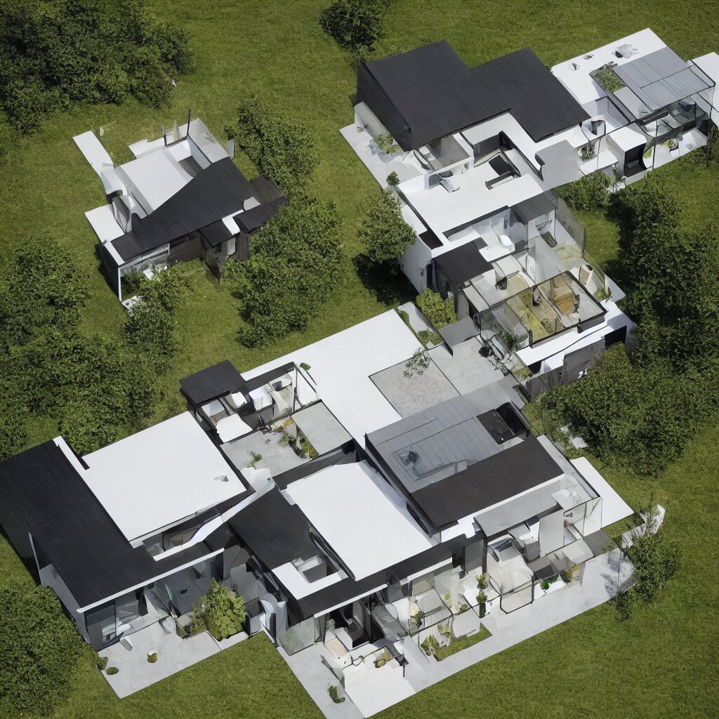 hybrid modern home mixed with a drone, a drone home, hovering over a field 