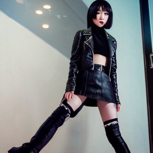 a dynamic, epic cinematic 8K HD movie shot of a japanese beautiful cute young J-Pop idol actress yakuza rock star girl wearing leather jacket, miniskirt, nylon tights, high heels boots, gloves and jewelry. Motion, VFX, Inspirational arthouse