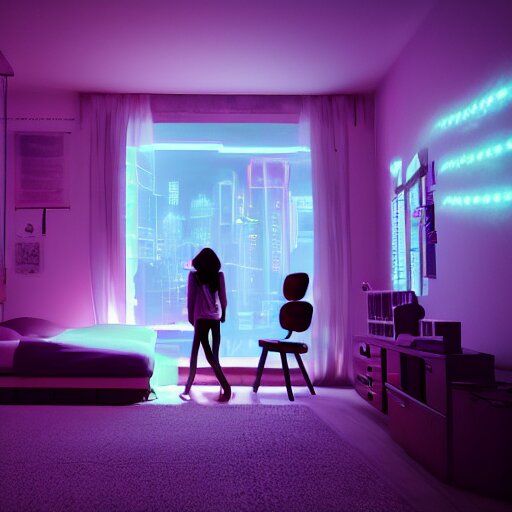 inside a girl room, cyberpunk vibe, neon glowing lights, sharp