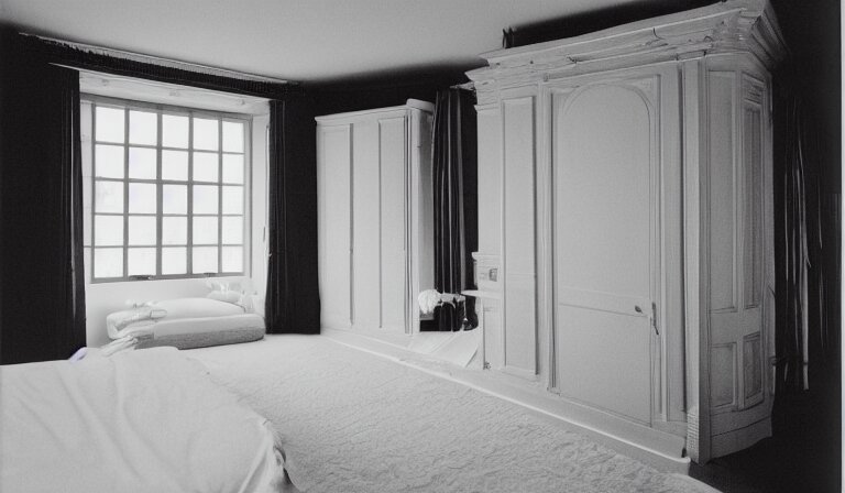 A bedroom designed by Peter Saville, 35mm film, long shot