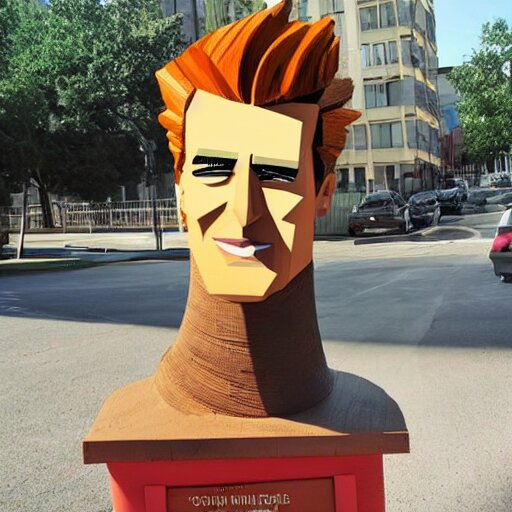 A sculpture made of recycled materials but with perfect definition, in the shape of Johnny bravo