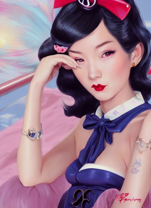 a pin up and beautiful fashion dreamlke japan girl with lv jewelry, character art, art by artgerm, wlop, loish, ilya kuvshinov, hyperdetailed, 8 k realistic, symmetrical, global illumination, radiant light, frostbite 3 engine, cryengine, dof, trending on artstation, digital art, chanel, dior, fantasy and detailed and intricate background 