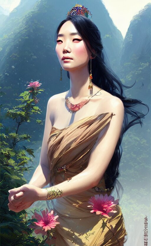 a beautiful taiwan goddess with sundress with jewelry | | winter, realistic shaded, unpleasant face, good looking, fine details, realistic shaded lighting poster by greg rutkowski, magali villeneuve, artgerm, jeremy lipkin and michael garmash and macoto takahashi 