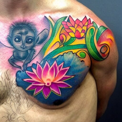 shoulder tattoo of a meditating cute bush baby, eyes are sparkeling rainbow spirals, glowing multicolored chakra symbols, surrounded with colorful lotus leaves, insanely integrate 