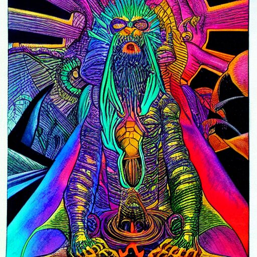 marduk, devourer of worlds, detailed colored ink art in dark and vibrant colors art by moebius on dmt and shrooms 