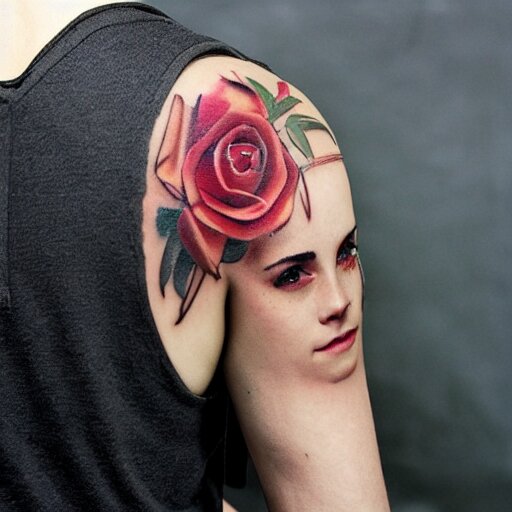 man with tattoo of emma watson on arm back by greg rutkowski