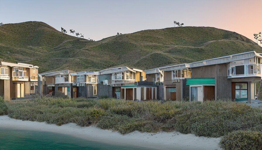 An architectural rending of an eco-community neighborhood of innovative contemporary 3D printed sea ranch style cabins with rounded corners and angles, beveled edges, made of cement and concrete, organic architecture, on the California coastline with side walks, parks and public space , Designed by Gucci and Wes Anderson, golden hour