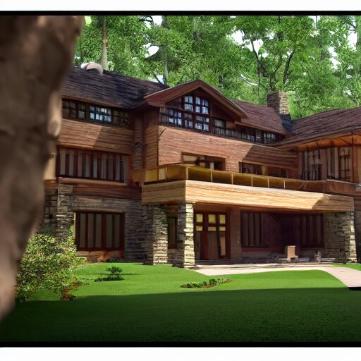 Peaceful wooden mansion, unreal engine 5 tech demo, zillow interior, living room, cozy, Frank Lloyd Wright