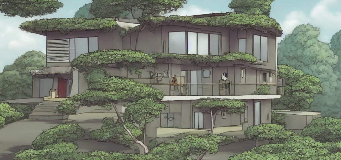 Ghibli style modern house architecture