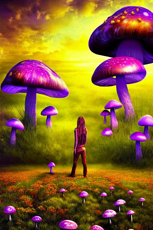 hyperrealistic portrait of melting hippies - epic cinematic mushrooms with psychedelic field of flowers, highly detailed smooth digital art masterpiece, pablo amaringo dramatic low light, ground angle uhd 8 k, sharp focus 