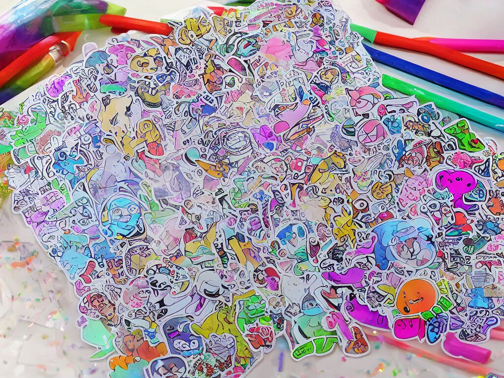 a school notebook covered in doodles, stickers, glitter, and holographic stickers