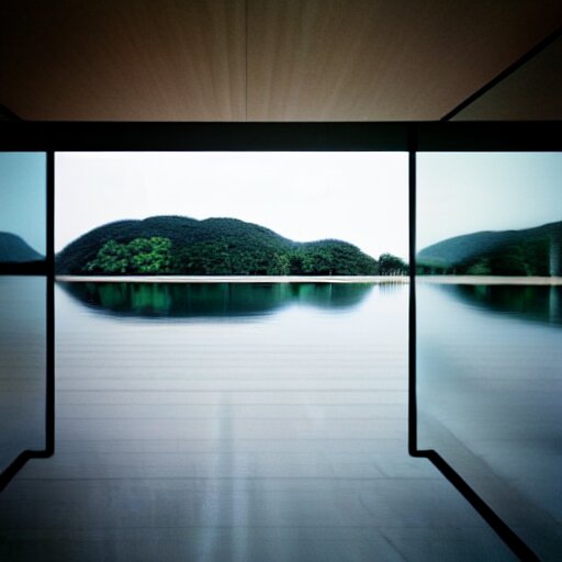 modern house on the lake, artwork by tadao ando, mystic, melancholy, pinhole analogue photo quality, lomography, blur, unfocus, cinematic, foil effect, holographic effect 