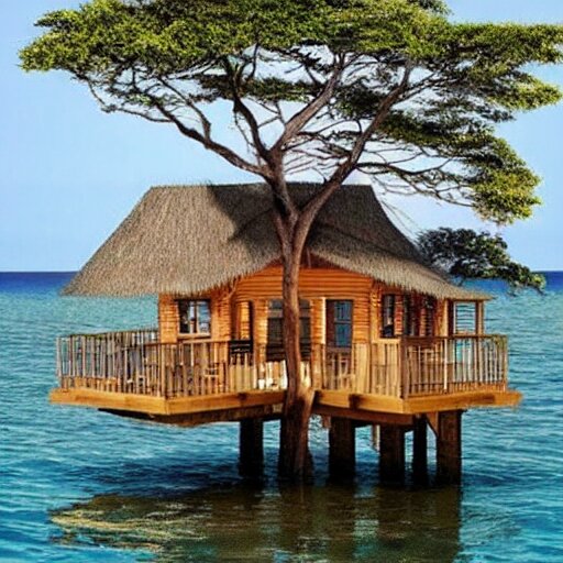 a tree with a tree house in it in the ocean 