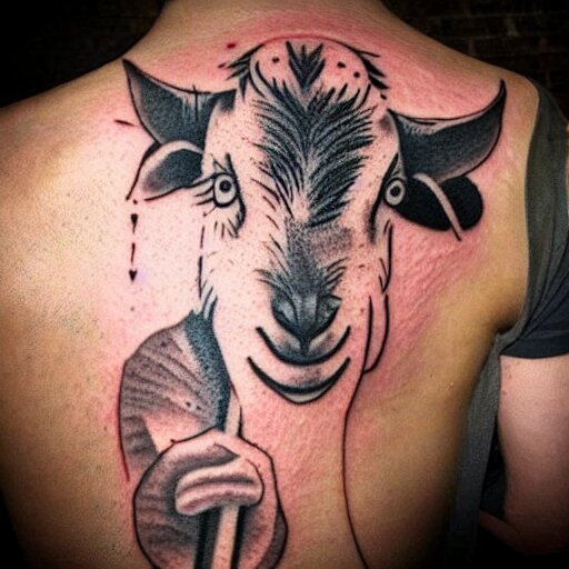 a tattoo of a goat with a stick of dynamite in its mouth